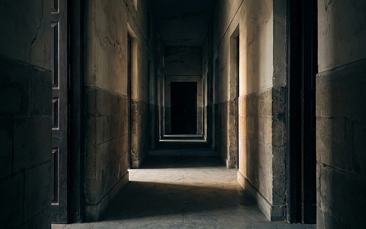 Empty stone corridor of an old court building, daylight falling across the floor