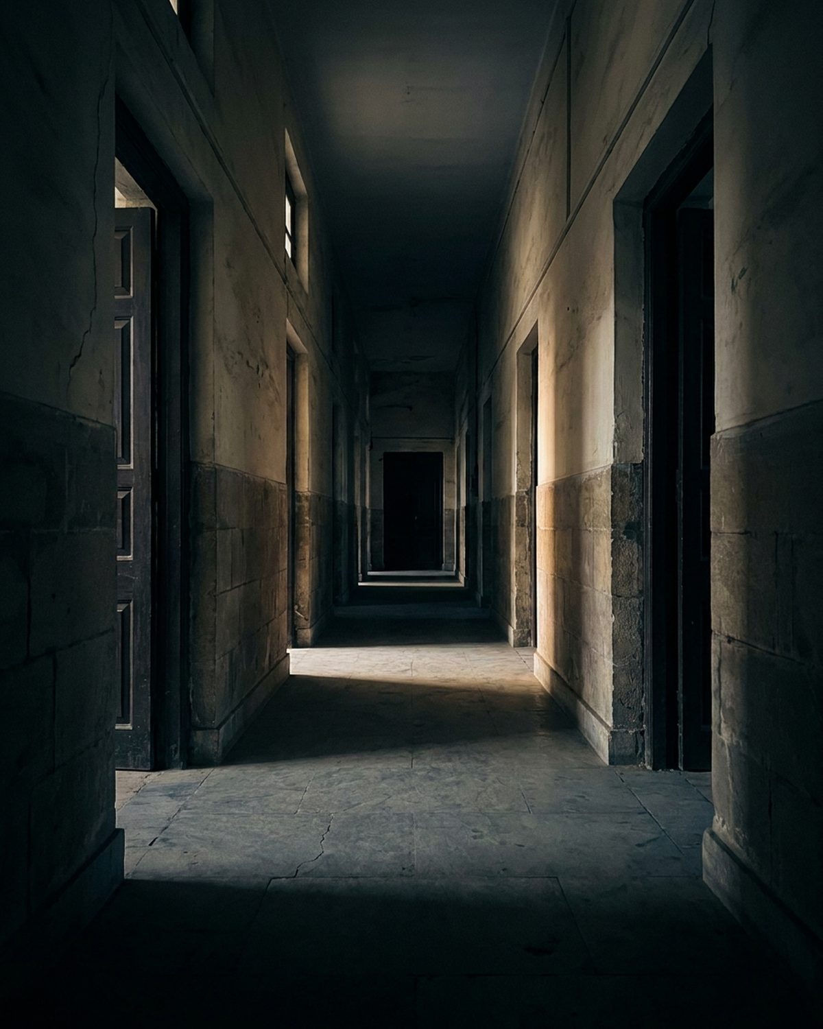 Empty stone corridor of an old court building, daylight falling across the floor