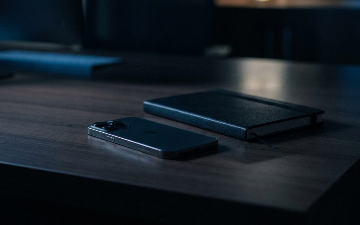 A phone lying face down beside a closed notebook on a desk at night