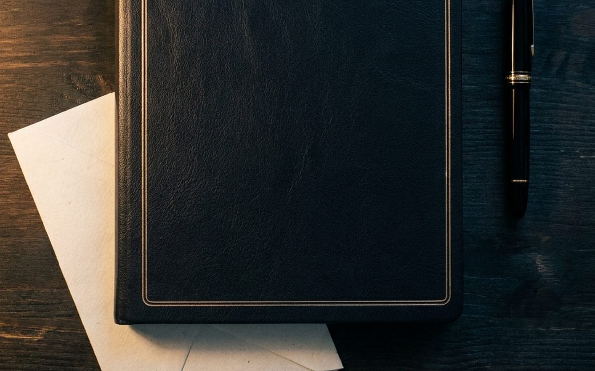 A closed leather ledger, an envelope and a fountain pen on a dark wooden desk