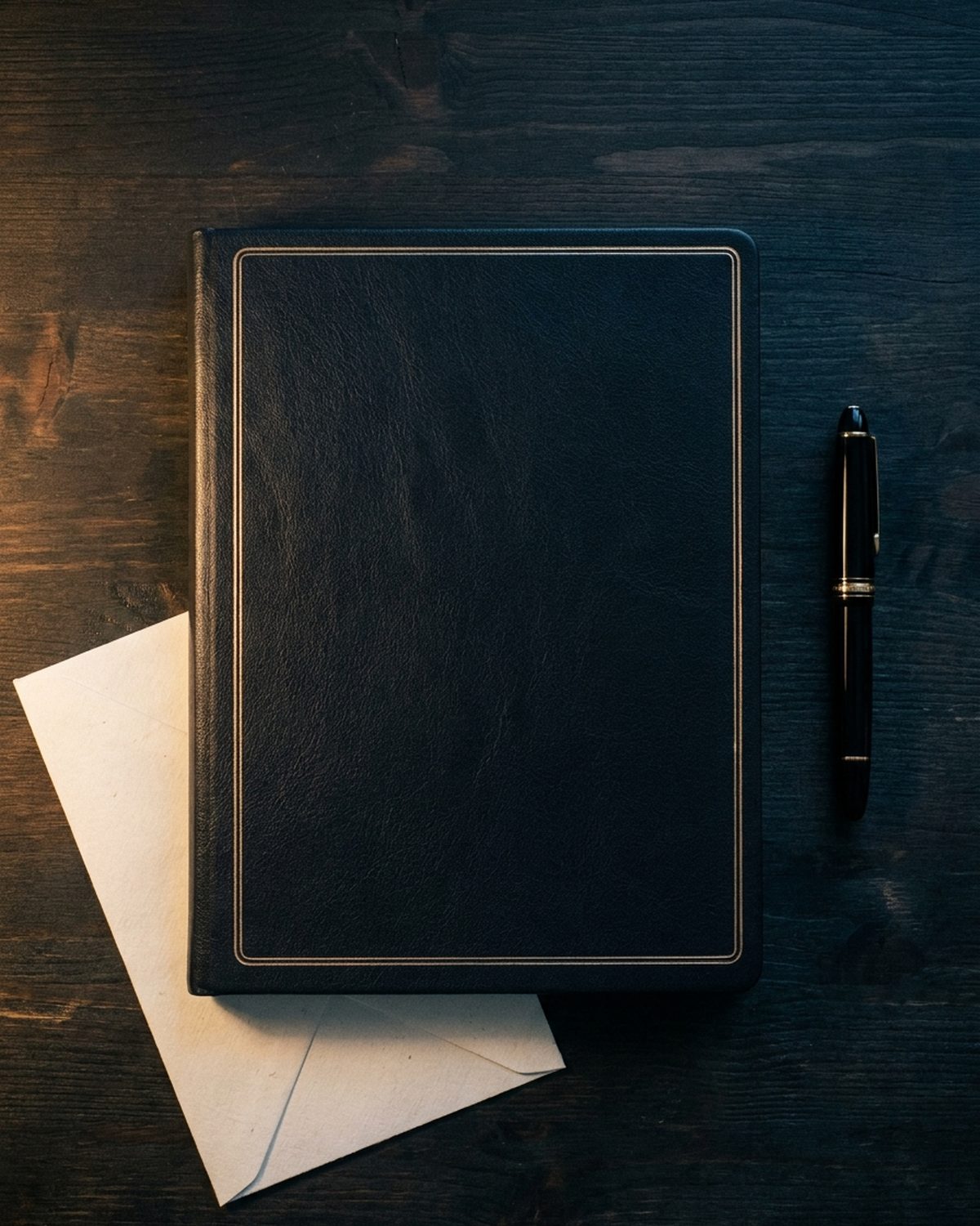 A closed leather ledger, an envelope and a fountain pen on a dark wooden desk